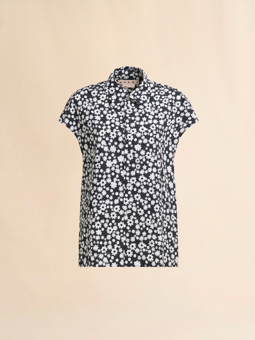 Black and white sleeveless cocoon shirt with Pop Fields motif - Shirts - Image 1