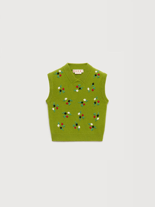 Green wool-cashmere vest with flower embroidery - Shirts