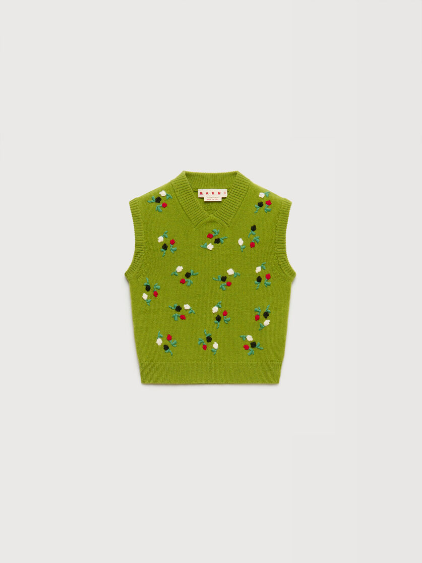Green wool-cashmere vest with flower embroidery, Image 1