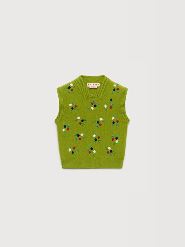 Green wool-cashmere vest with flower embroidery - Shirts