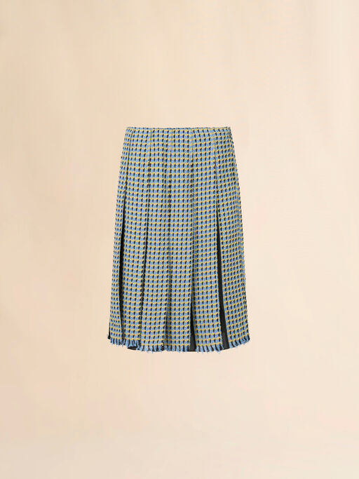 Blue cotton tweed-effect pleated skirt - Skirts