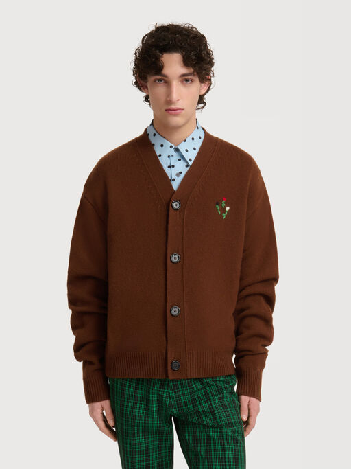 Brown wool-cashmere cardigan with flower embroidery - Pullovers