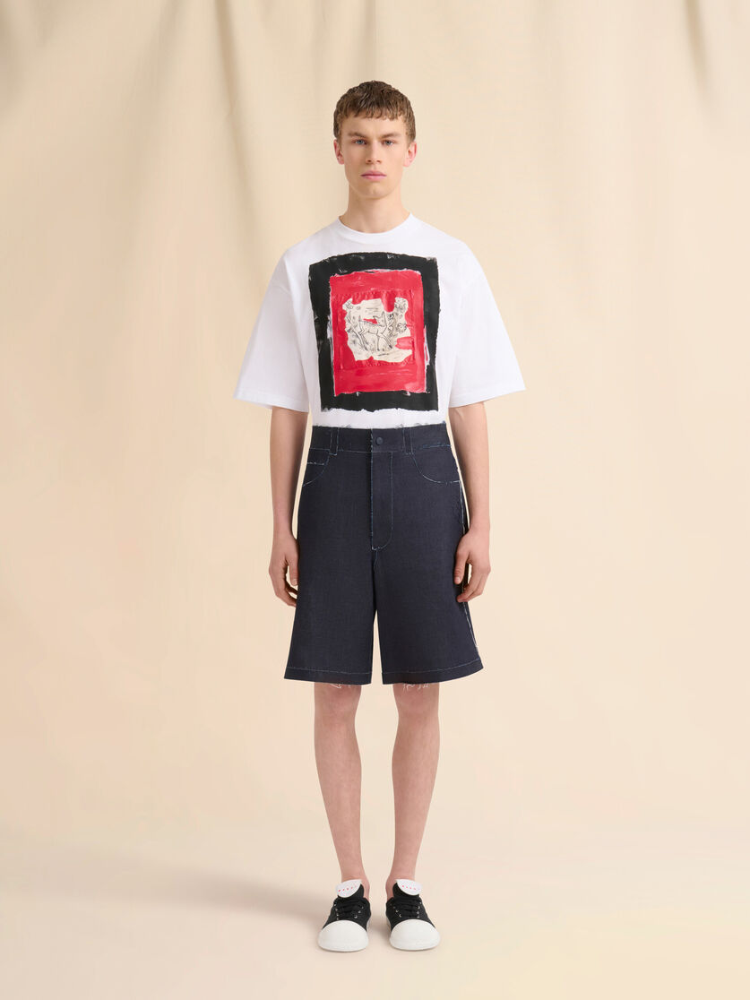 Deep blue stretch denim trompe l'oeil Bermuda shorts - Pants - Image 2