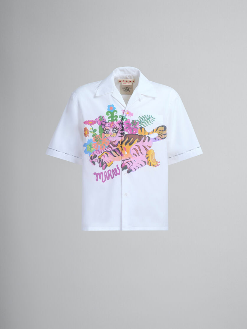プリント入りホワイトのオーガニックポプリン製ボーリングシャツ | Marni