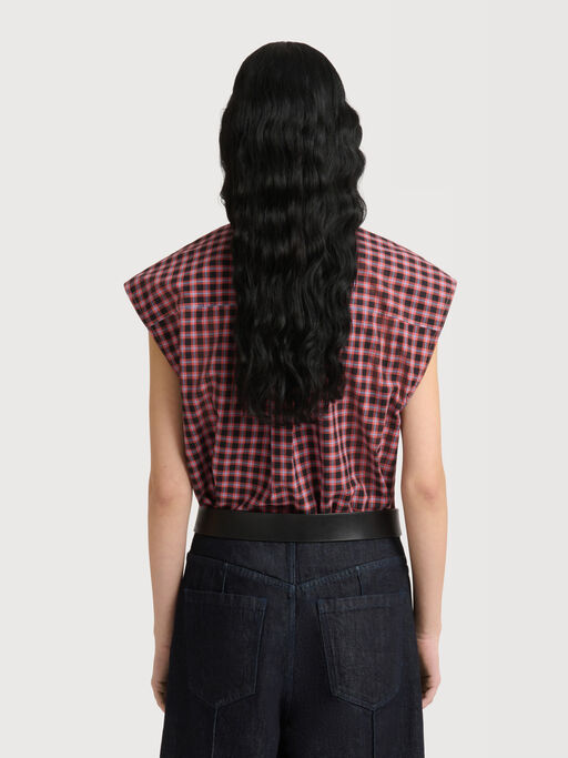 Red checked poplin sleeveless blouse with neck tie - Shirts