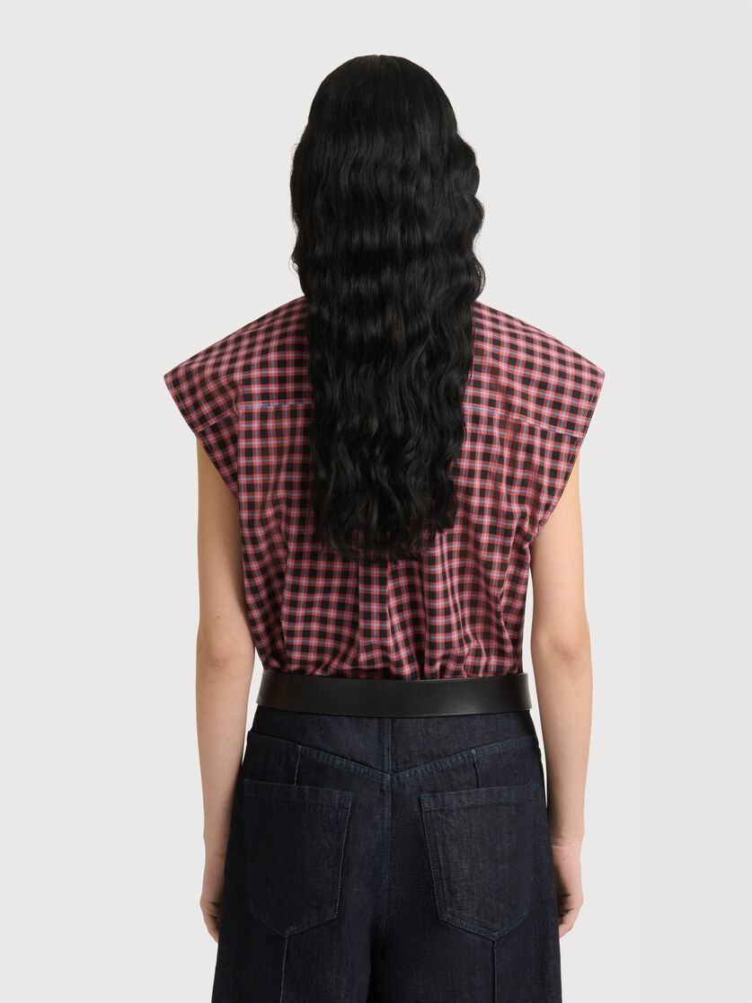 Red checked poplin sleeveless blouse with neck tie, Image 3