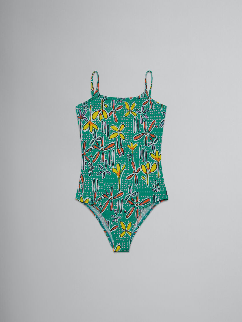 Green one-piece swimsuit with Carioca print - kids - Image 1