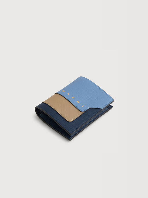 Blue, beige and light blue saffiano leather bi-fold wallet - Wallets