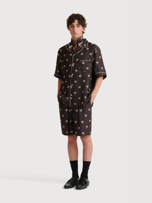 Brown silk twill pyjama shorts with floral print - Pants