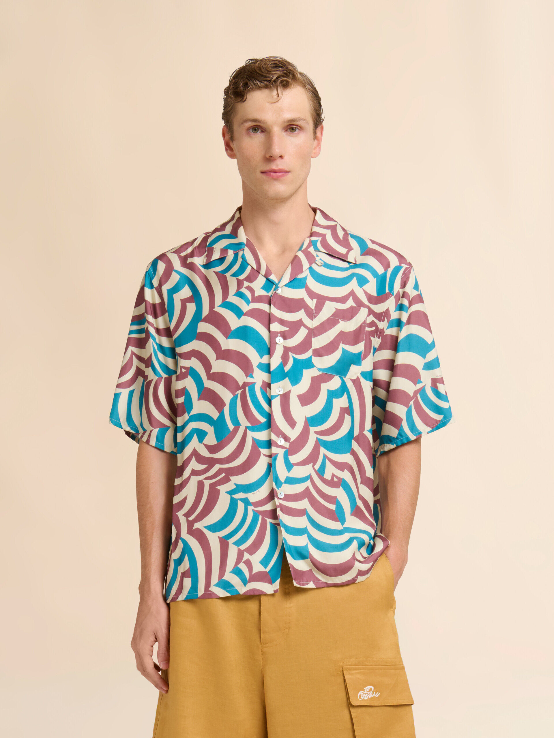Brown and turquoise twill bowling shirt with Yoyo print | Marni
