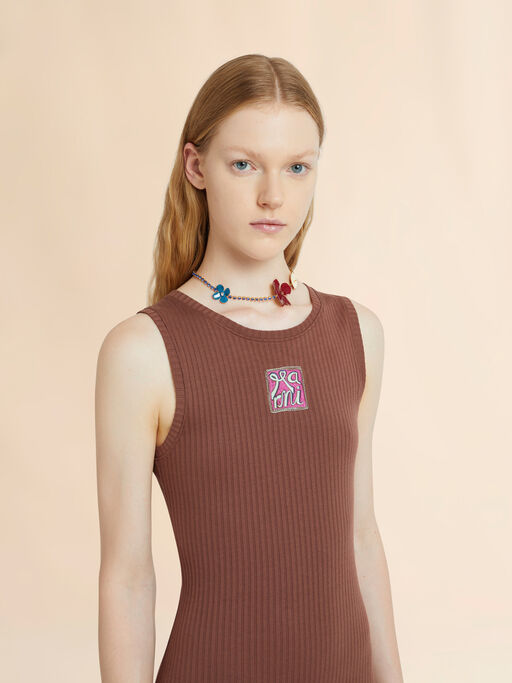 Brown ribbed cotton midi dress with Marni Frame logo - Dresses