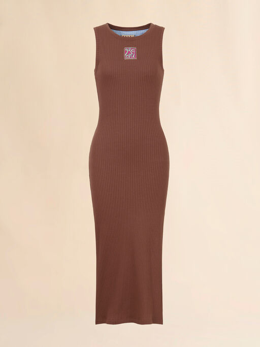 Brown ribbed cotton midi dress with Marni Frame logo - Dresses
