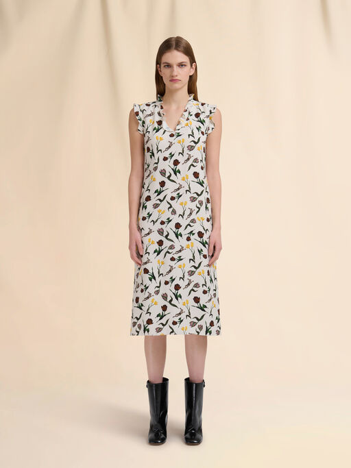 Cream envers satin dress with Tulips and Hares print - Dresses