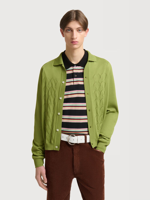 Green techno knit cardigan with polo collar - Pullovers