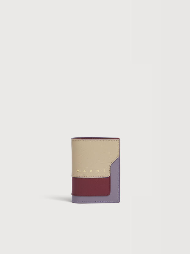 Portefeuille &agrave; deux volets en cuir saffiano gris souris, rouge et violet - Portefeuilles