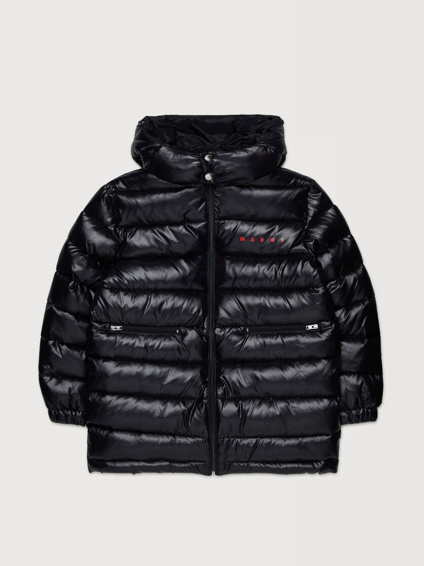 Black nylon puffer coat with zip pockets, Image 1