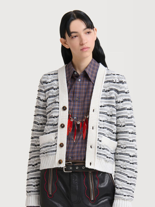 White and blue mixed stitch wool cardigan - Pullovers