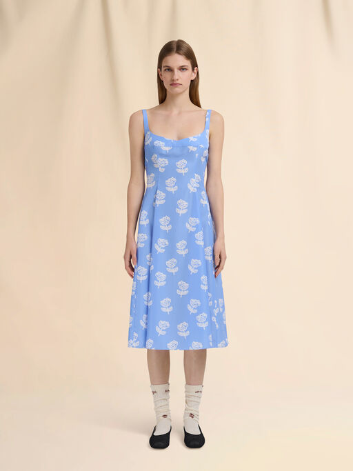 Light blue poplin flared dress with Sprayed Roses print - Dresses