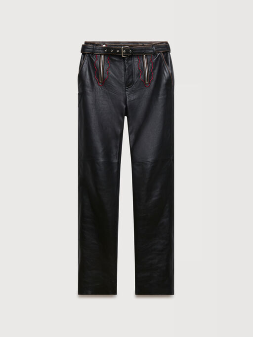 Black leather trousers with leaf embroidery - Pants