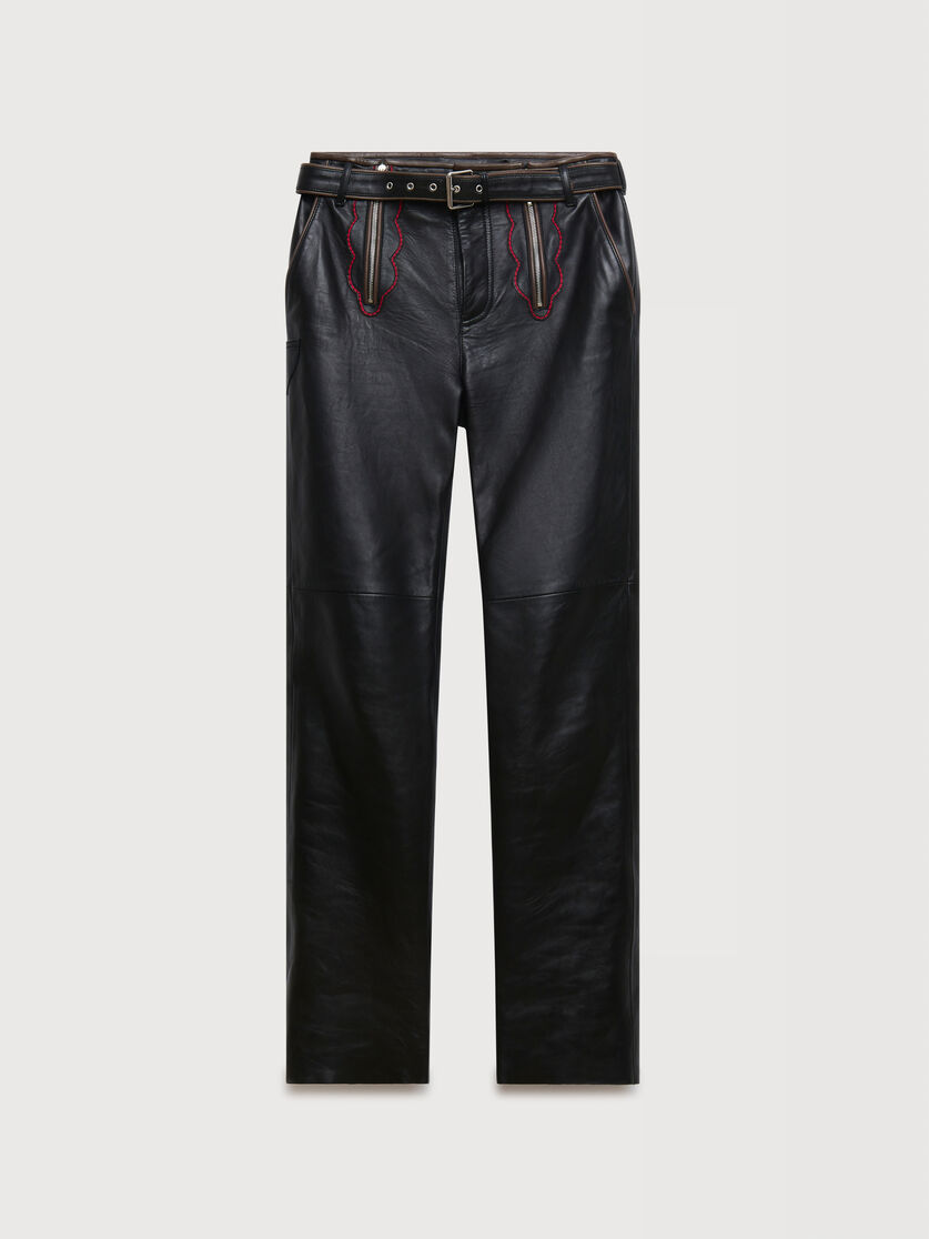 Black leather trousers with leaf embroidery, Image 1