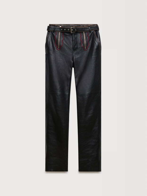 Black leather trousers with leaf embroidery - Pants
