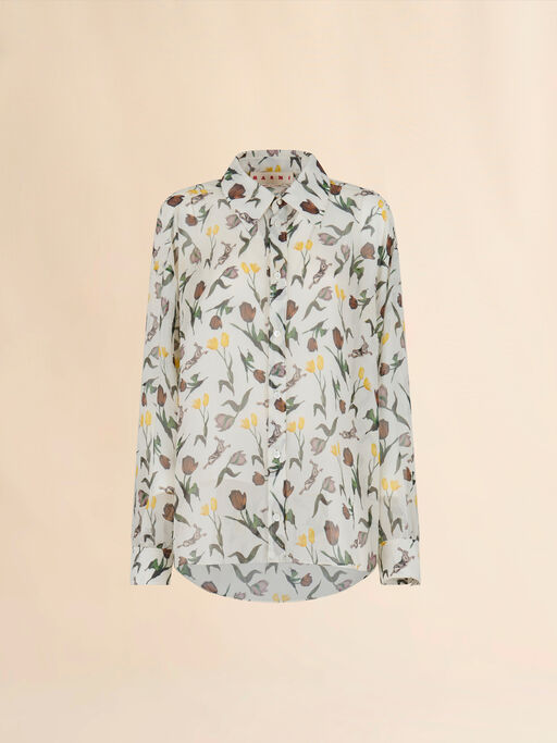 Cream chiffon shirt with Tulips and Hares print - Shirts