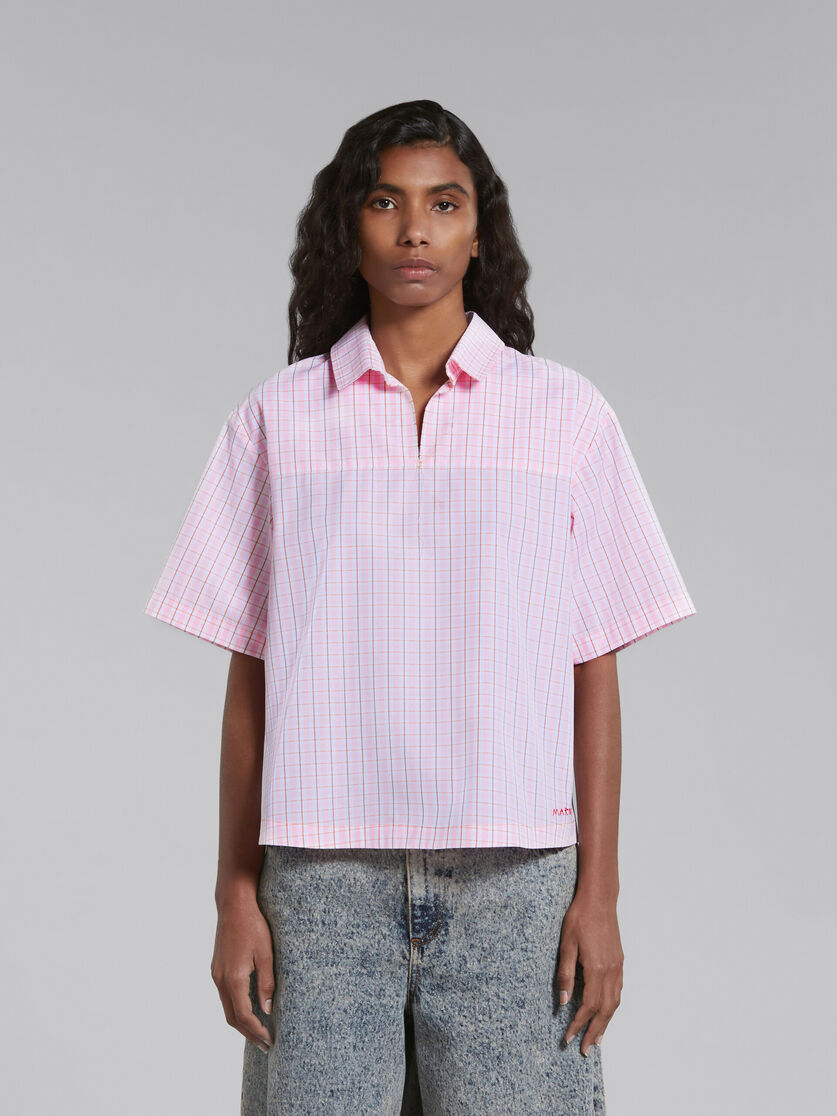 Pink checked blouse with back polo opening - Shirts - Image 2