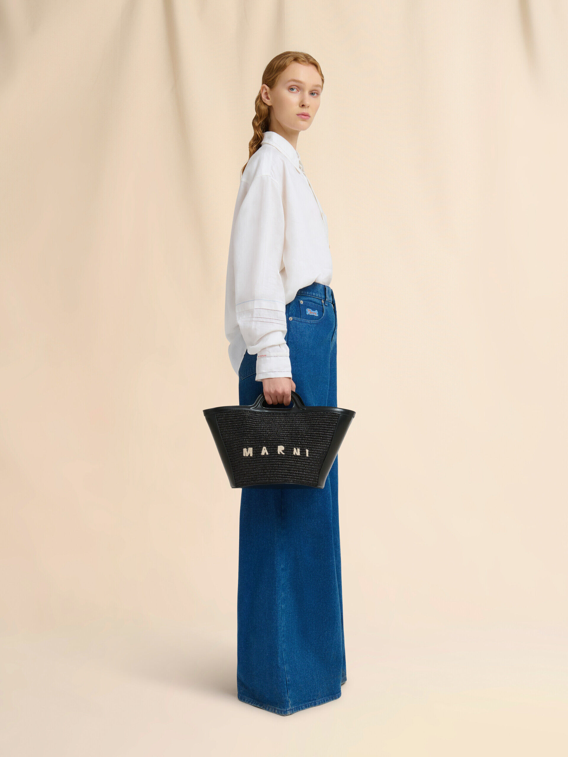 Tropicalia Small Bag in black leather and raffia-effect