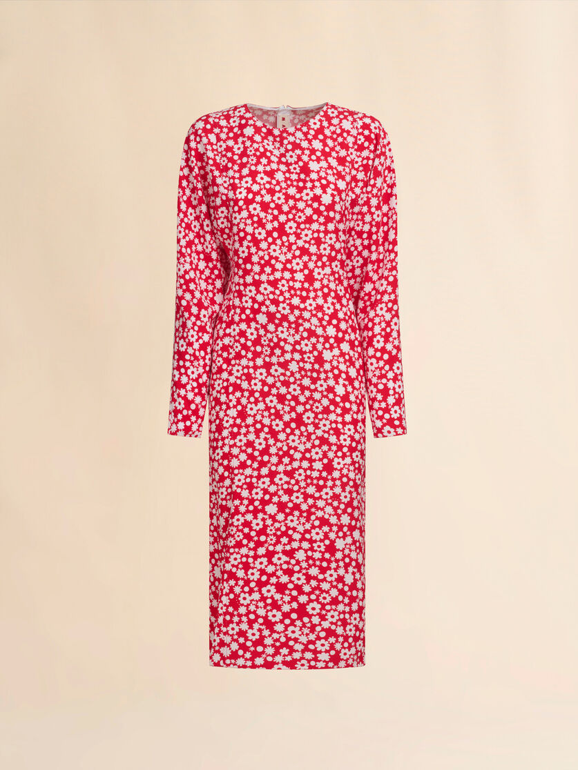 Satin midi dress with red and white Pop Fields motif - Dresses - Image 1