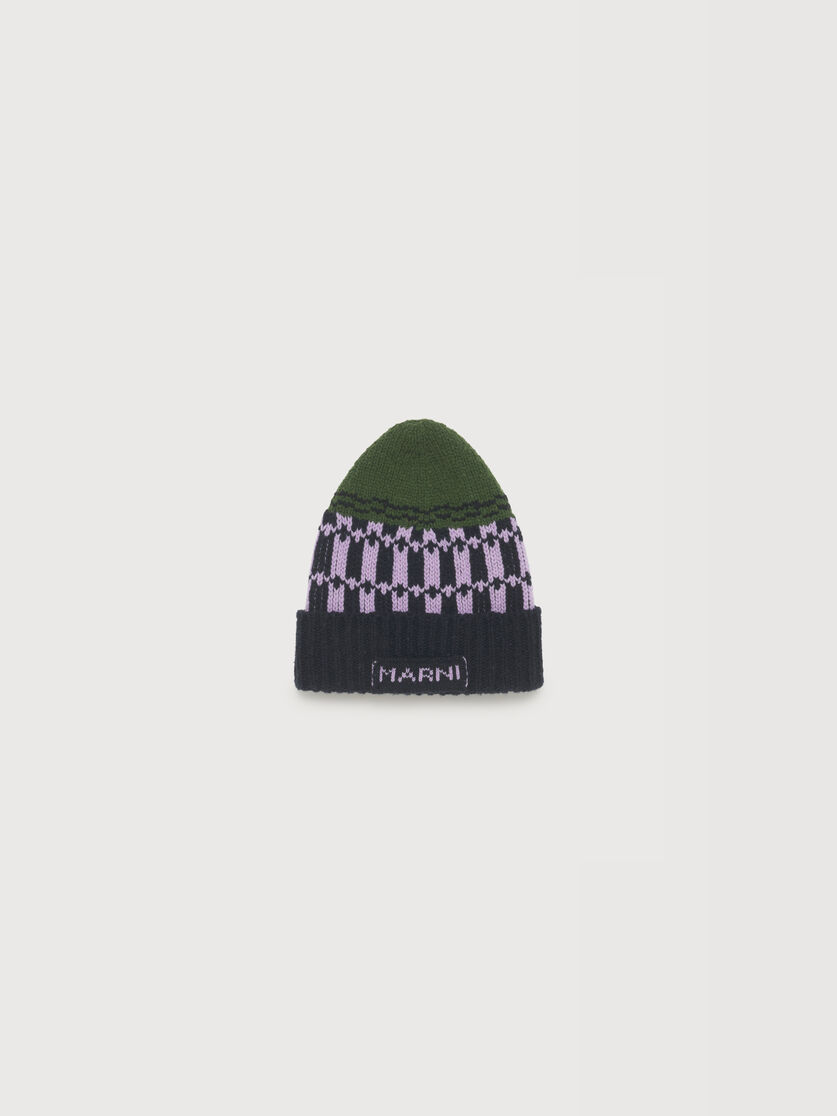 Green wool beanie with geometric motif, Image 1