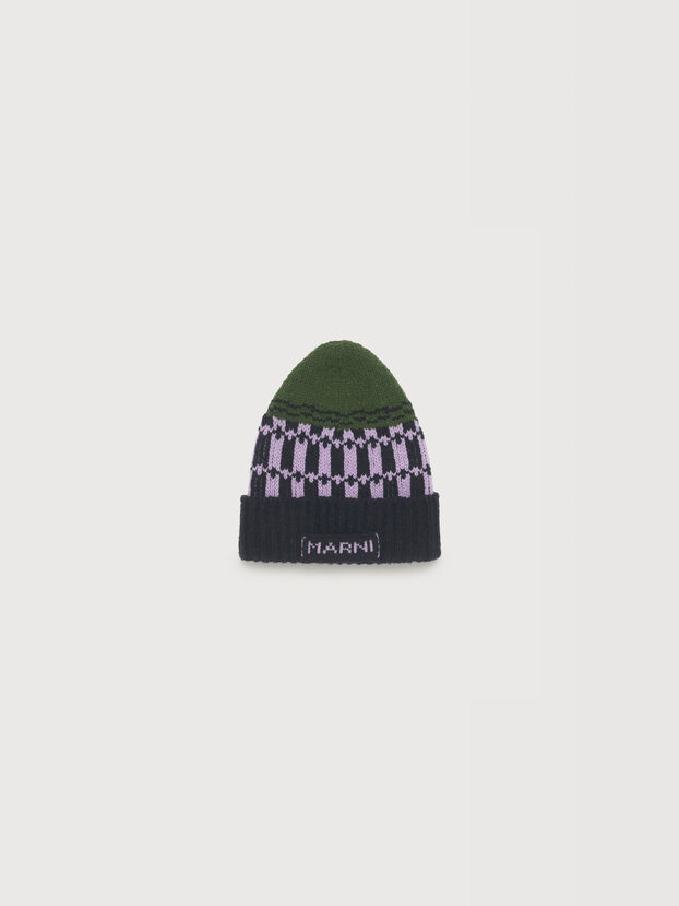 Green wool beanie with geometric motif - Hats