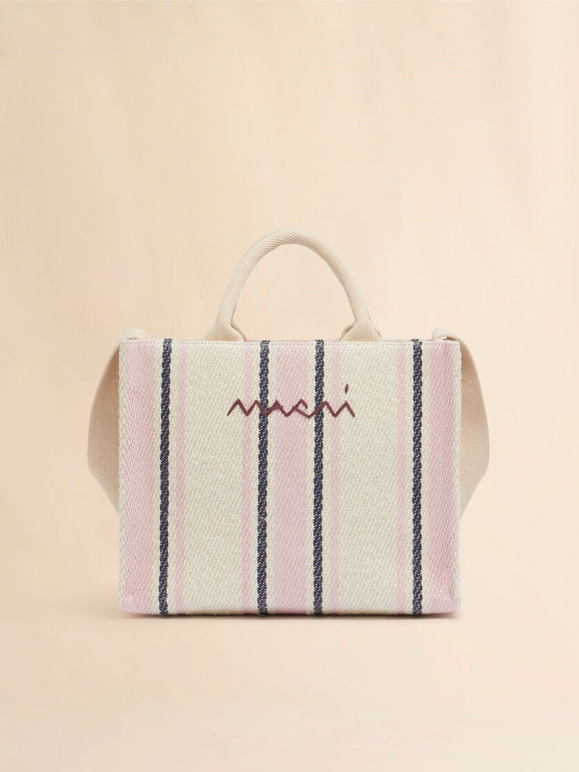 Petit sac fourre-tout en tissu effet raphia beige à rayures rose et bleu - Sacs cabas - Image 1