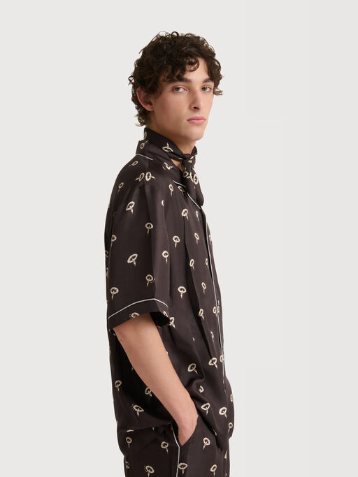 Brown silk twill pyjama shirt with floral print - Shirts