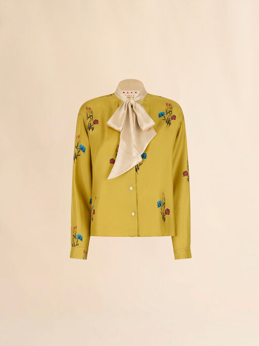 Yellow silk twill shirt with tulip print - Shirts
