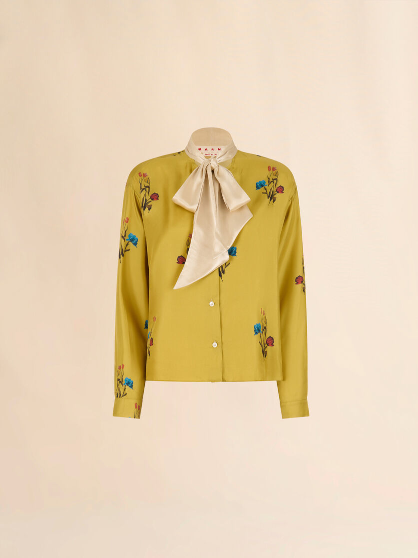 Yellow silk twill shirt with tulip print - Shirts - Image 1