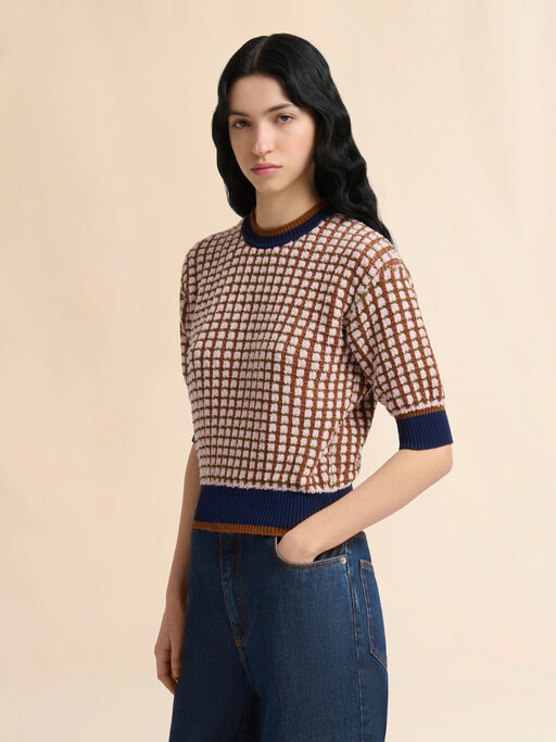 Pink and brown boucl&eacute; tweed-effect jumper - Pullovers