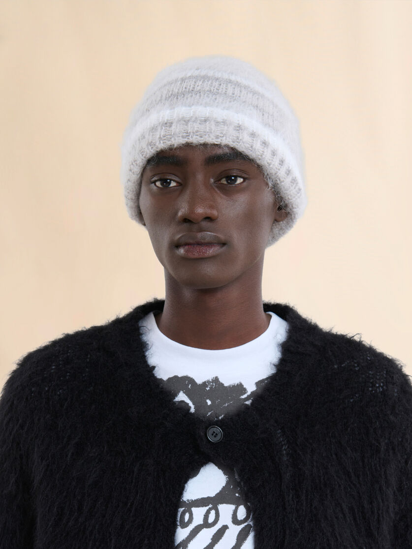 Grey brushed mohair beanie with stripes - Hats - Image 2