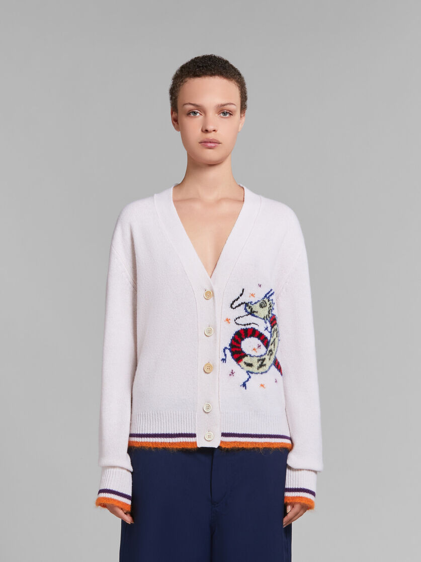 White wool-cashmere blend cardigan with jacquard dragon - Pullovers - Image 2