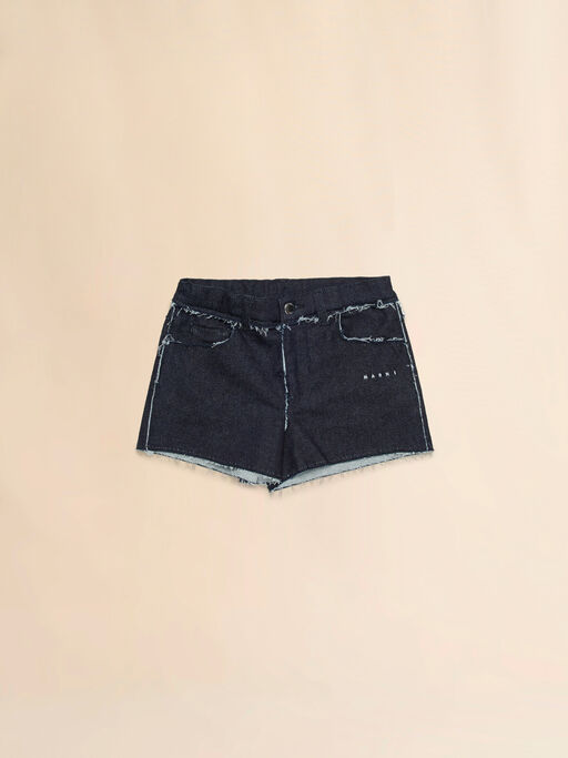 Deep blue stretch denim shorts with raw-cut edges - Pants