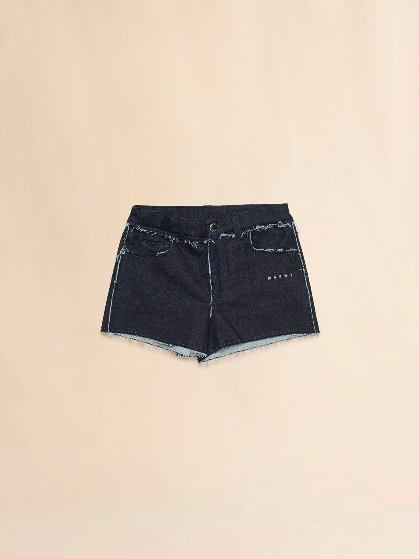 Deep blue stretch denim shorts with raw-cut edges, Image 1