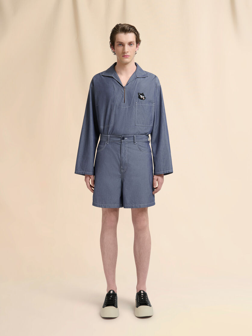 Blue chambray shorts with back adjuster - Pants - Image 2