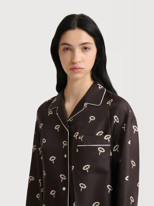 Brown silk twill pyjama shirt with floral print - Shirts
