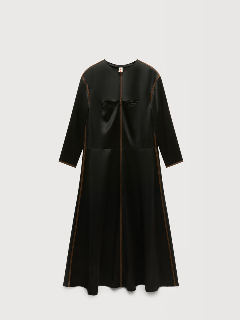 Black satin long-sleeved dress with contrast stitching, Image 1