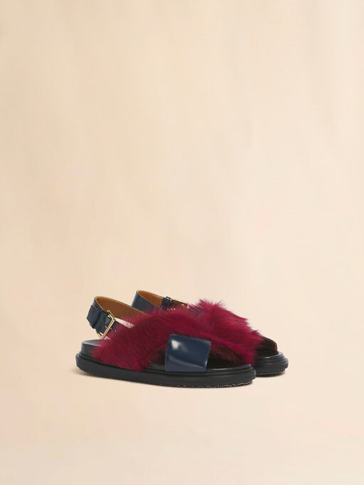 Blue and burgundy leather and long-hair Fussbett - Sandals
