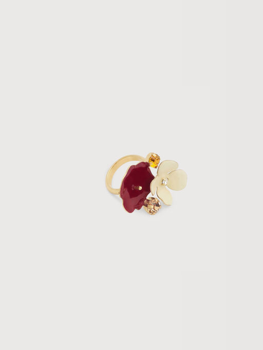 Cream and burgundy enamel flower ring with rhinestones - Rings