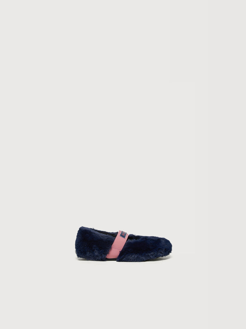 Blue faux fur ballerinas with logo elastic strap, Image 1