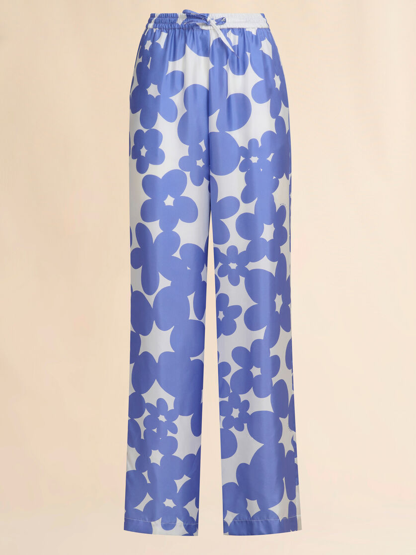 Silk pyjama trousers with white and light blue Dillies print - Pants - Image 1