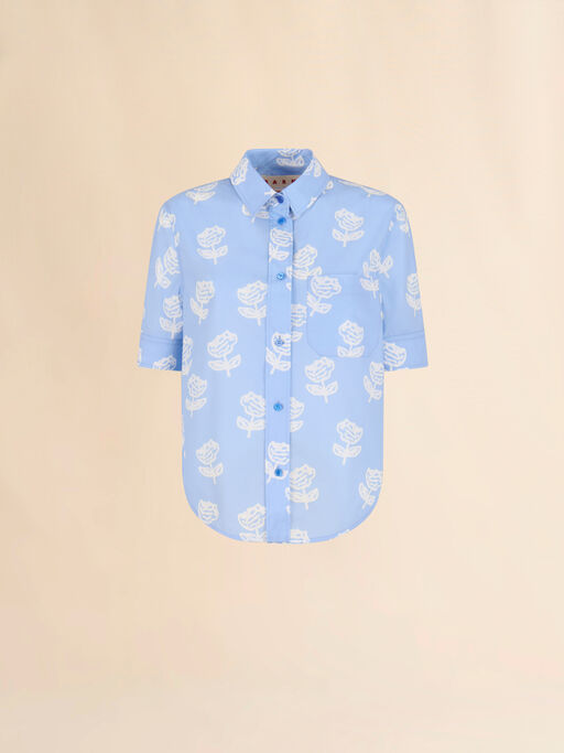Light blue poplin short-sleeve shirt with Sprayed Roses print - Shirts