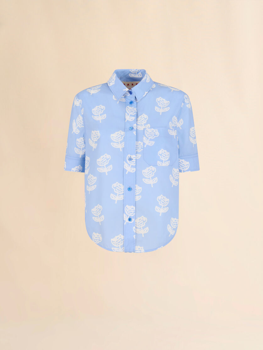 Light blue poplin short-sleeve shirt with Sprayed Roses print - Shirts - Image 1