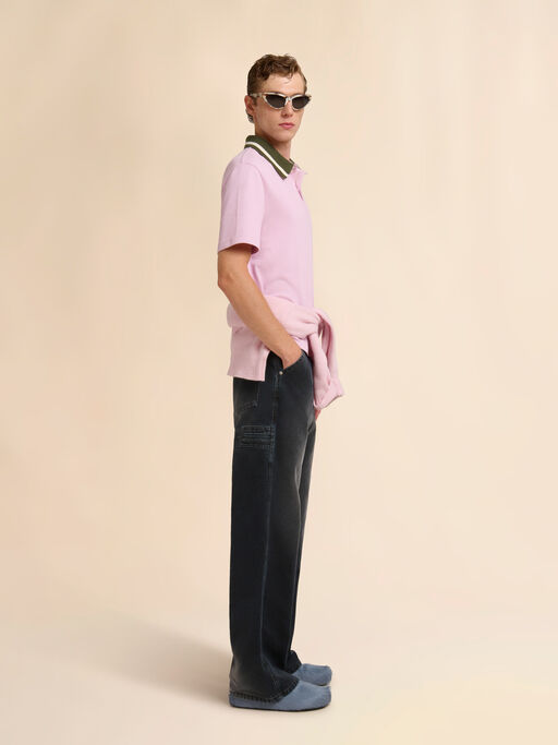Pink piqué polo shirt with striped collar - Shirts